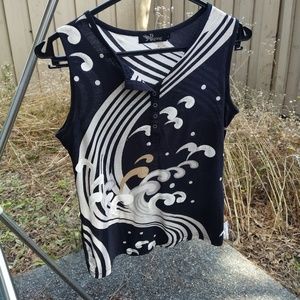 Pagong | Navy Sleeveless Printed and Painted Top